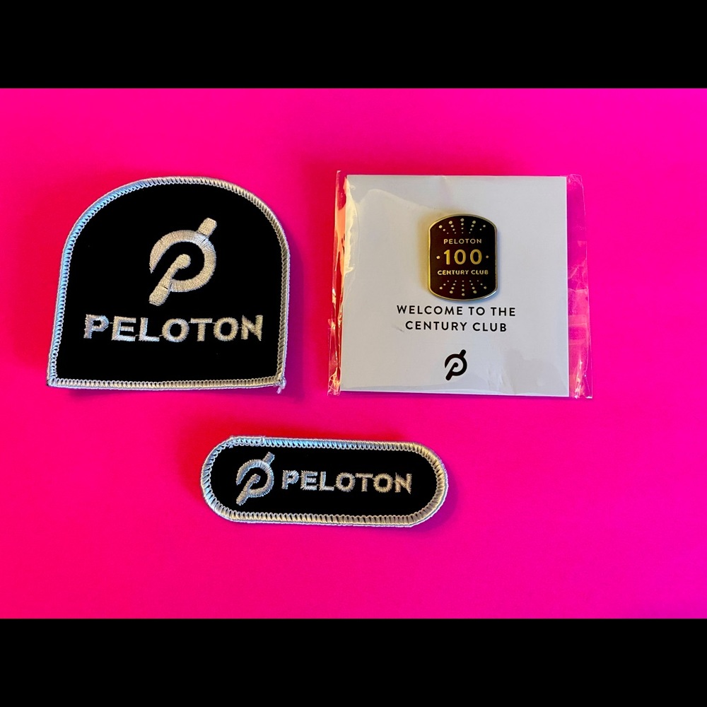 Peloton Century Club pin and Peloton patches